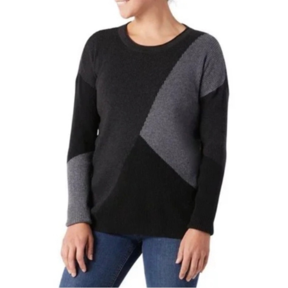 Smartwool Colorblock Ribbed Crewneck Wool Sweater Charcoal Heather Grey Medium
